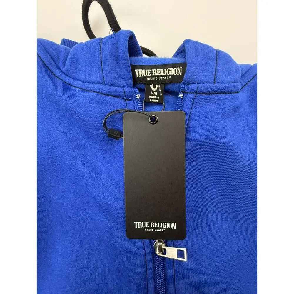 TRUE RELIGION MEN'S CONTRAST W/ BUDHA BACK DESIGN ZIP HOODIE BLUE SZ L NWT